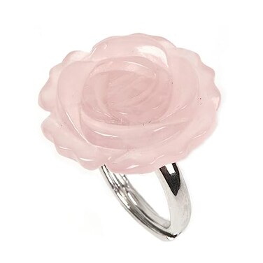 Justinstones Rose Quartz Natural Crystal Quartz Carved Gemstone Daisy Flower Promise Ring 25MM Romantic Rose Bud Adjustable Stacking Ring Gift For Her Adjustable size8 to12
