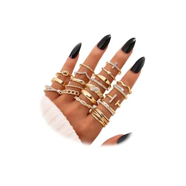 KISS WIFE 20Pcs Stackable Rings for Women Gold Black Silver Knuckle Ring Set Dainty Chunky Statement Rings for Daily Wear Party Wedding Travel