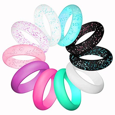 LNQ LUNIQI Silicone Wedding Ring For women Thin and Stackable Durable Rubber Safe Band For Love Couple Souvenir and Outdoor Active Exercise Style10 Rings Pack