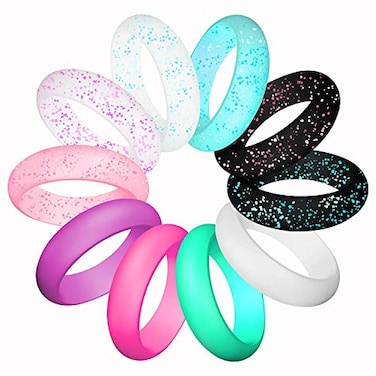 LNQ LUNIQI Silicone Wedding Ring For women Thin and Stackable Durable Rubber Safe Band For Love Couple Souvenir and Outdoor Active Exercise Style10 Rings Pack
