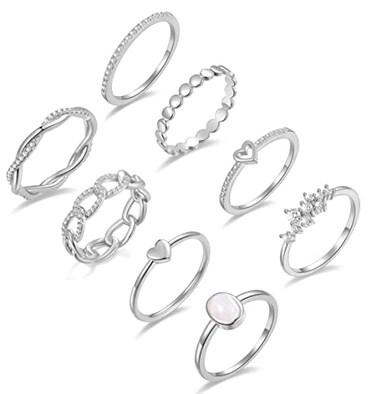 PLOMFOV Silver Plate Stacking Rings Set for Women CZ Heart Simple Cute Stackable Rings Dainty Trendy Statement Rings Plain Band Size Silver 8