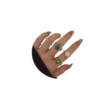 Rrdaily Boho Knuckle Ring Sets for WomenGold Green Gem Stackable Rings Vintage Green Knuckle Gems Rings Good Luck Midi Finger Rin Aesthetic Statement Thumb Ring Set Jewelry A