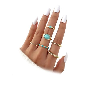 Stringex Gold Turquoise Rings for WomenVintage Bohemian Statement Ring Set Trendy Green Stone Stackable Western RingsBoho Everyday Jewelry Accessories GiftsGold1