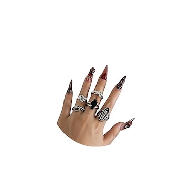 MIFYNN Vintage Gothic Ring Set for Women Teen Girls Dark Blood Demon Eye Cross Spider Snake Skull Head Bat Heart Shaped Mummy Finger Ring Chunky Rings Aesthetic Stackable Gothic Ring Adjustable Boho R