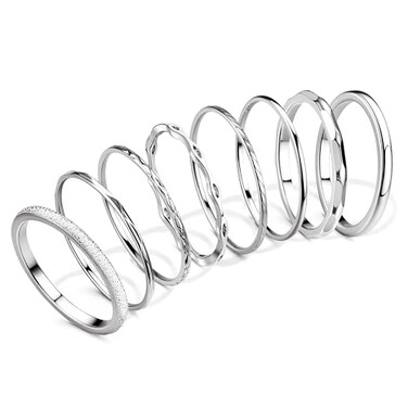 YADOCA 8Pcs 1MM 2MM Stainless Steel Rings for Women Men Minimalist Fashion Dainty Plain Thin Knuckle Stacking Midi Thumb Rings Stackable Statement Band Rings Set Silver Tone Size 7