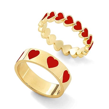 YOOESTORES82 2PCS Colorful Heart Ring Band Rings Set for Women Couple Cute Love Heart Plain Stackable Finger Rings Wedding Preppy Jewelry Gift