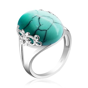DALEGEM Natural Blue Oval Turquoise Stone Ring for WomenS925 Sterling Silver Real Genuine Quartz Gemstone Turkey Ring Jewelry StoneA 9