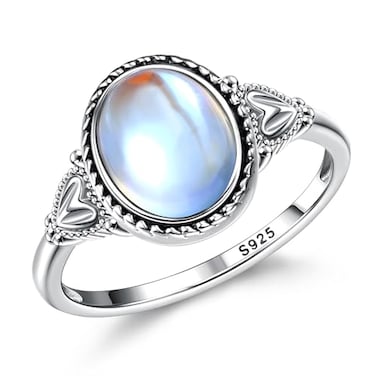 Florideco 925 Sterling Silver Moonstone Ring for Women 18K White Gold Plated Rainbow Moon Stone Rings Victorian Style Gemstone Solitaire Oval Moonstone Ring ML8