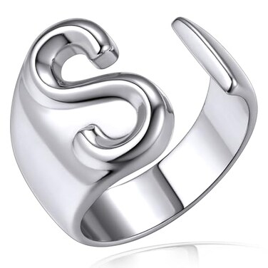 KeyStyle Silver Letter Rings for Women Bold Initial S Rings Adjustable Name Jewelry AZ Gift Non Tarnish Trendy Open Letter Ring