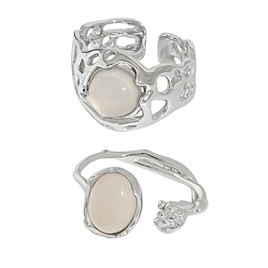 KURTCB Y2k Rings Irregular Moonstone Carnelian Opal Rings Set Grunge Agate Bud Flower Finger Rings Opening Adjustable Rings for Women White Ring