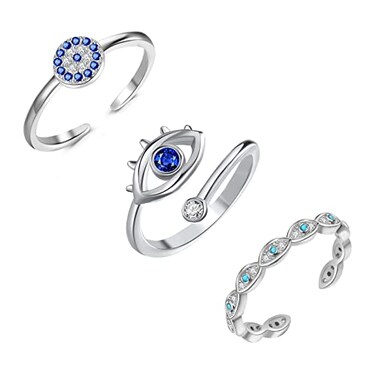 Lit Wall 3Pcs Silver Evil Eye Ring 18k White Gold Plated Adjustable Cubic Zirconia Evil Eye Rings for Women