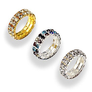 PPX 6 Pcs Rhinestone 1 Rows Crystals Inlaid Paved Jewelry Stretch Elastic Finger Ring for Women GoldSilver Colorful