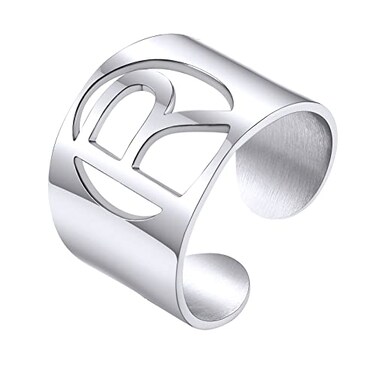 KeyStyle Womens Letter Rings R Stainless Steel Captial Initial Adjustable Cuff Ring For Rapper