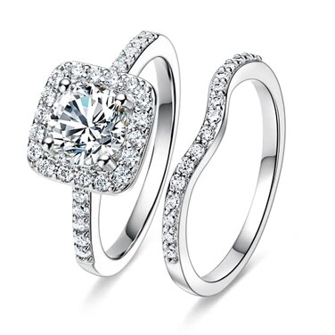 MDFUN 18K White Gold Plated Cubic Zirconia TwoInOne Halo Wedding Engagement Promise Eternity Ring for Women Size 10