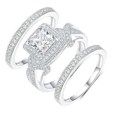 MDFUN 18K White Gold Plated Cubic Zirconia ThreeinOne Square Halo Wedding Engagement Promise Eternity Ring for Women 7