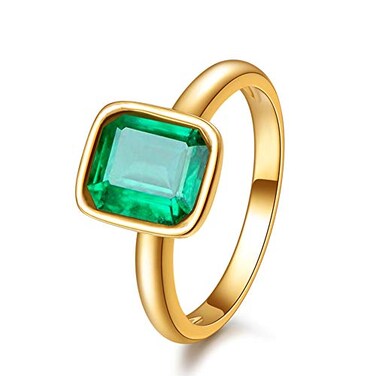RIZILIA Solitaire Engagement Ring with Emerald Cut Gemstones CZ Simulated Green Emerald Size 6 in 18K Yellow Gold Plated Simple Modern Elegance