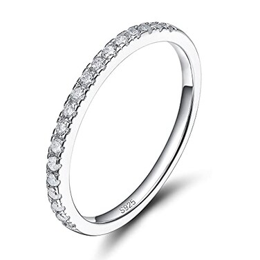EAMTI 2mm 925 Sterling Silver Wedding Band Cubic Zirconia Half Eternity Stackable Engagement Ring Size 5