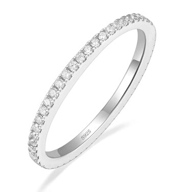 EAMTI 2mm 925 Sterling Silver Wedding Band Round Cubic Zirconia Full Eternity Stackable Engagement Ring for Women Size 7