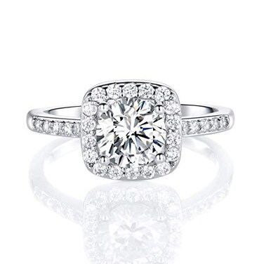 MDFUN 18K White Gold Plated Cubic Zirconia Promise Halo Engagement Promise Eternity Ring for Women Brass 85