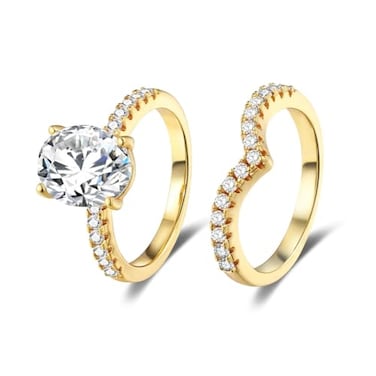 MDFUN 18K Yellow Gold Plated Promise Eternity Rings for Women 7 9mm Oval Cubic Zirconia TwoinOne Ring Wedding Band Engagement 10