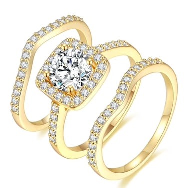 MDFUN 18K Yellow Gold Plated Cubic Zirconia ThreeinOne Halo Wedding Engagement Promise Eternity Ring for Women 7