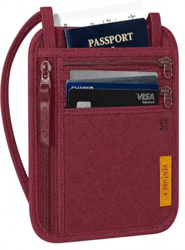 VENTURE 4TH RFID Blocking Travel Neck Wallet for Women Men Security Neck Pouch Passport Holder with Adjustable Strap WaterResistant Nylon Lining Red