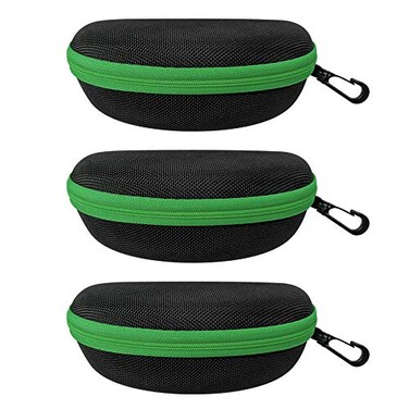 alladaga 3 Pack Zipper Shell Eyeglasses and Sunglasses Case with Plastic Carabiner Hook Green