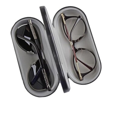 Tiger007 Dual Glasses Case for Two Frames Classic Clamshell 2 Eyeglasses Case BuiltIn Mirror Black