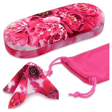 MyEyeglassCase Floral Hard eyeglass case Glasses Case Hard Shell with Microfiber Drawstring Pouch and Cleaning Cloth Protective Small to Medium frames for women AS166L Peonies