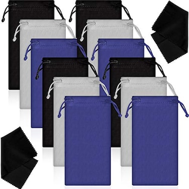 Frienda 12 Pcs Microfiber Sunglasses Pouch Soft Glasses Case Bags Eyeglasses Sleeve with 2 Cleaning Cloth and DrawstringBlack Gray and Blue
