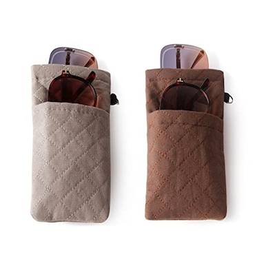 KFPH Double Eyeglasses Pouch Large Squeeze Top Microfiber Soft Glasses Case for Women with Cleaning Cloth Brown Grey