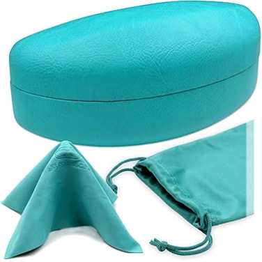 MyEyeglassCase LARGE TO EXTRA LARGE Curved Sunglasses Case Glasses Holder in an Elegant Design durable and strong Womens Eyeglass Clam Shell case with drawstring pouch cloth AS179 Teal