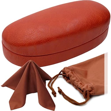 MyEyeglassCase Premium Leather Like Hard Shell Sunglass Case with Microfiber Pouch Cleaning Cloth Glasses Case Medium to Large Eyeglass Case for Men and Women AS113 Brown