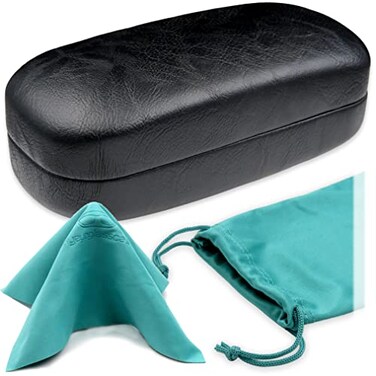 MyEyeglassCase EXTRA LARGE case for straight Rectangle in Distressed LeatherLike Glasses Case Over size Sunglass Holder Hard Shell durable and safe Includes Pouch Cloth AS505 BlackTeal