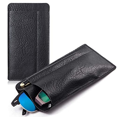 TRIUMPH VISION Double Eyeglasses Sunglasses Pouch Leather Soft Lining 3 Compartments Sleeve Large Shade Reading Glasses Case Black 2Pack