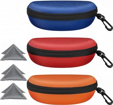 ZONLY 3 Pack Sunglasses Case Portable Travel Zipper Eyeglasses Case Hook With Cleaning Cloth Bredblueorange