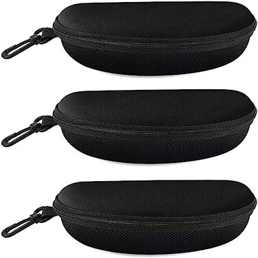 alladaga 3 Pack Zipper Shell Eyeglasses and Sunglasses Case with Plastic Carabiner Hook Black