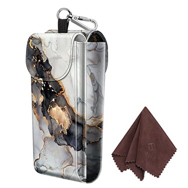 FINTIE Double Glasses Case with Carabiner Hook Portable Vegan Leather Eyeglass Case Antiscratch Sunglasses Pouch Cloudy Marble