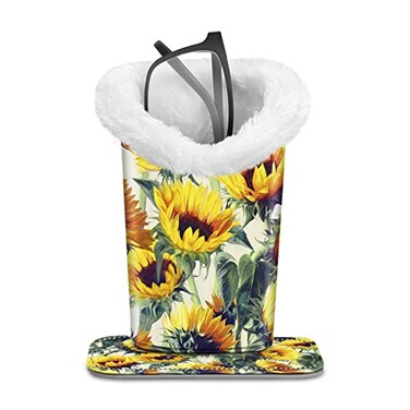 FINTIE Plush Lined Eyeglasses Holder Glasses Stand Case Antiscratch Glasses Storage Organizer for Desk Nightstand Office Sunflowers