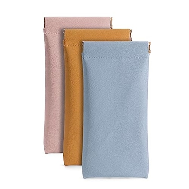 Ldirect 3 Pack Leather Eyeglasses Cases PU Soft Sunglasses Pouch Squeeze Top Portable Glasses Cases for Men Women Pink Yellow Blue