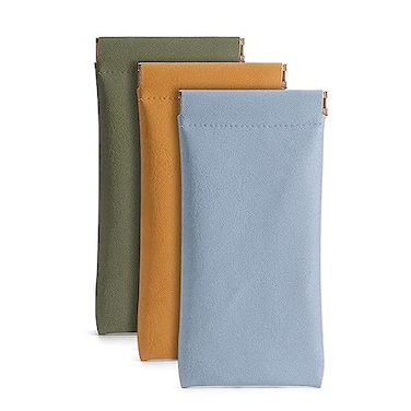 Ldirect 3 Pack Leather Eyeglasses Cases PU Soft Sunglasses Pouch Squeeze Top Portable Glasses Cases for Men Women Yellow Blue Green