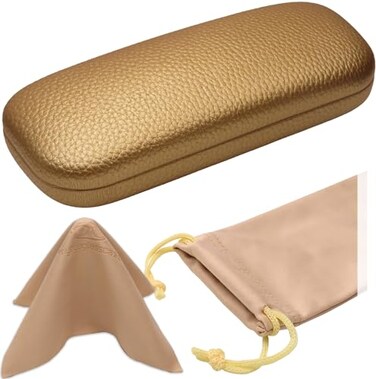 MyEyeglassCase Women Glasses case holder Premium Leather Like Case with Microfiber Pouch Cleaning Cloth Small Eyeglass Case Great for Reading Glasses AS126 Gold