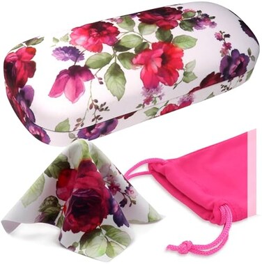 MyEyeglassCase Rachel Rowberry Floral Hard eyeglass case Glasses Case Hard Shell with Microfiber Drawstring Pouch and Cleaning Cloth Protective Small sunglasses case for women AS126 Cranberry Rose