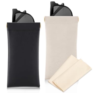 Sightor Sunglass Case 2 Pcs Soft Eyeglass Cases for Women Portable Squeeze Top Leather Glasses Pouch Black Beige