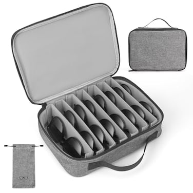 Glamgen Sunglasses Travel Organizer Case for Multiple Pairs 8 Adjustable Slots Eyeglasses Glasses Organizer Case with Soft Sunglasses Bag Pouch Portable Sunglass Storage Box for Men and Women Grey