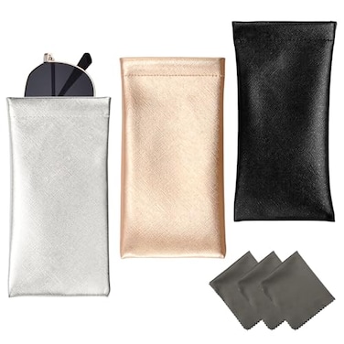 Vemiss 3 Pack PU Leather Eyeglass Pouch Squeeze Top Soft Portable Sunglasses Pouch with 3 Cleaning Cloths for Women Men Silver Copper Black