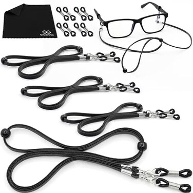 SIGONNA Eyeglass Strap Holders Premium ECO Leather Eye Glass String Strap Eyeglass Chain for Women Men Eye Glass Accessory Chain Around Neck 4 Cords Black