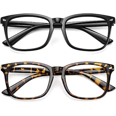 WOWSUN Unisex Stylish Nerd Nonprescription Glasses Eyeglasses Frames Fake Glasses 2020A2 2 Pack Glossy Black Frame Clear Lens Yellow Leopard Frame Clear Lens 53
