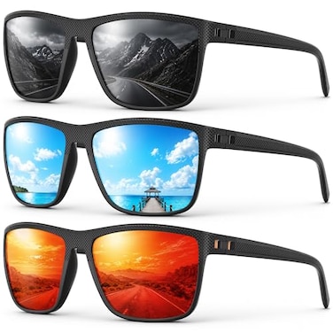 Fanshen Square Polarized Sunglasses for Men 3 Pack Lightweight UV Protection Sun Glasses for Driving Fishing Golf BlackIce BlueRed