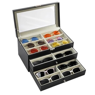 Nicunom 18 Slots Sunglasses Organizer Collector Eyeglasses Sunglass Glasses Storage Box Eyeglasses Eyewear Display Case with Drawer Lockable Black